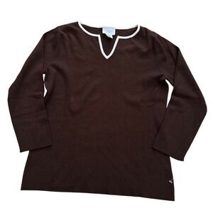 Ann Taylor Loft Brown Knit Top Split Neck White Trim 3/4 Sleeve Size S